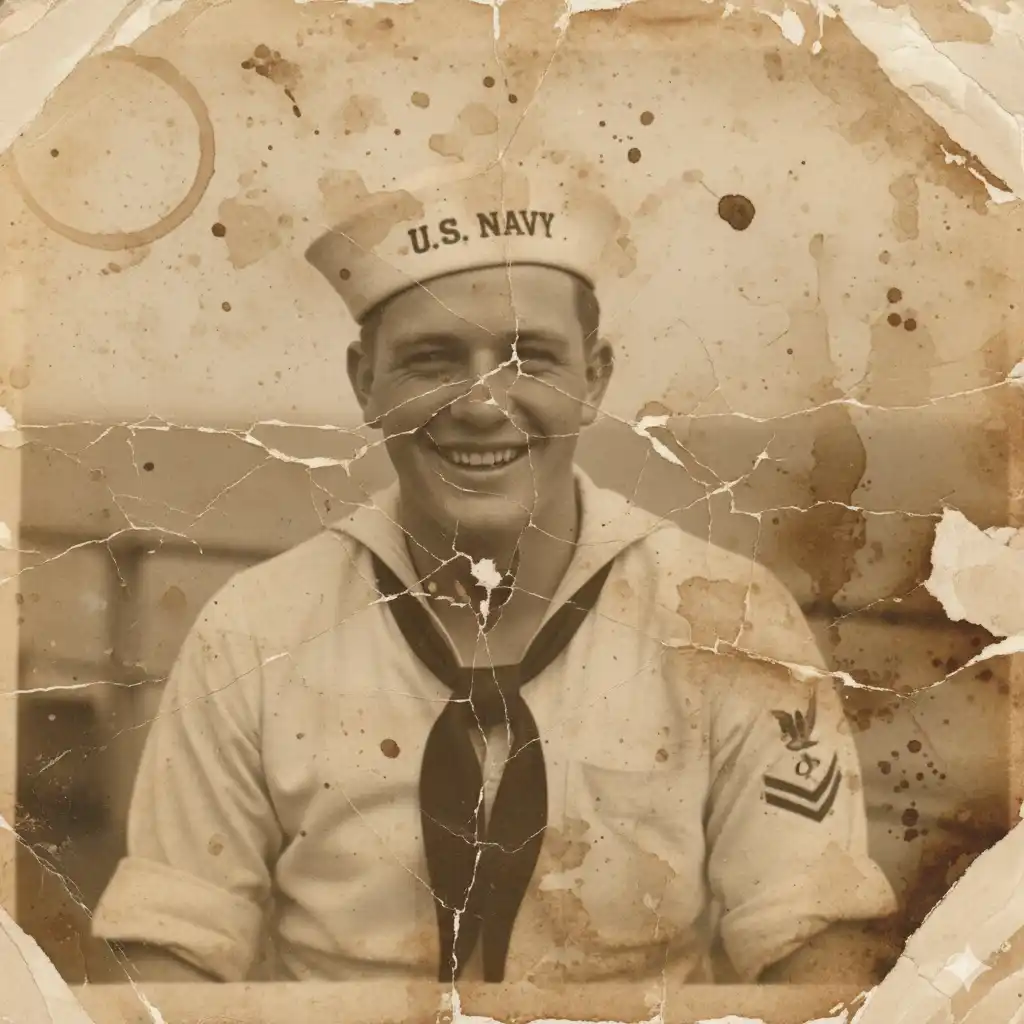 Damaged vintage sailor photo with tears and stains